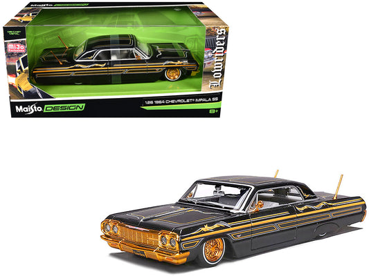 1964 Chevrolet Impala SS Lowrider Black Metallic with Gold Graphics and Gray Interior "Lowriders" "Maisto Design" Series 1/26 Diecast Model Car
