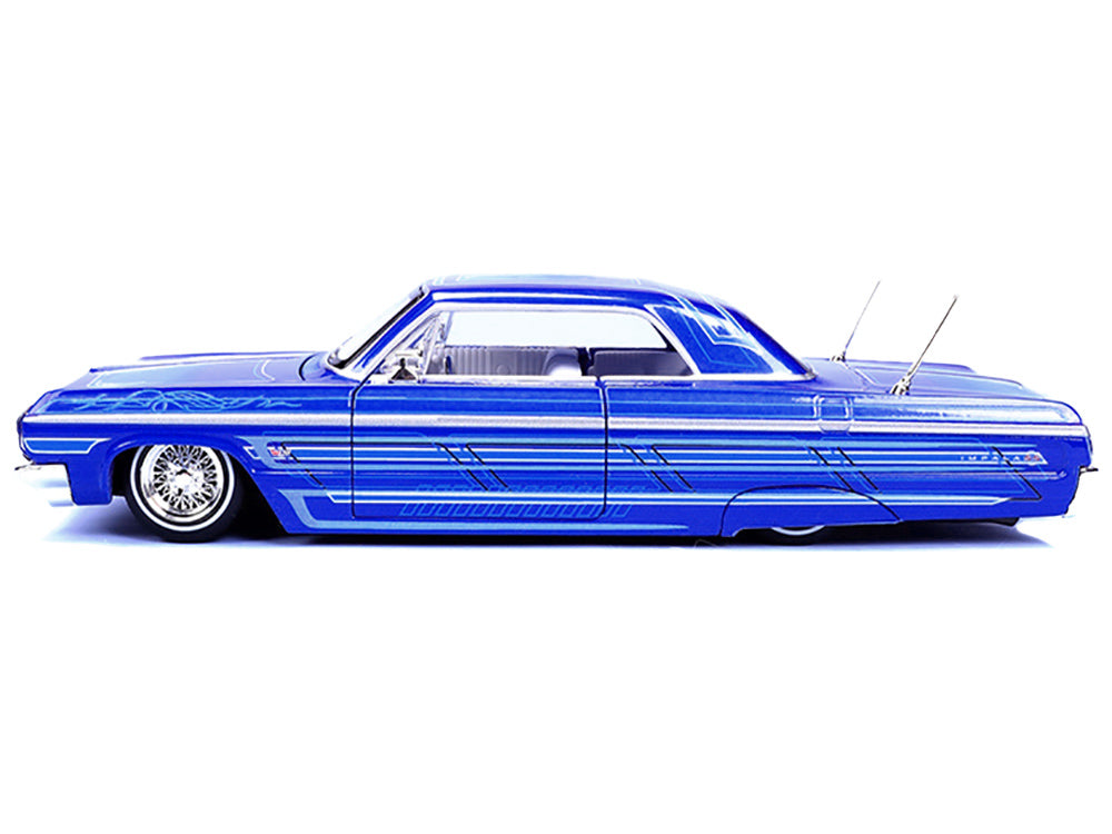 1964 Chevrolet Impala SS Lowrider Candy Blue with Graphics and White Interior "Lowriders" "Maisto Design" Series 1/26 Diecast Model Car
