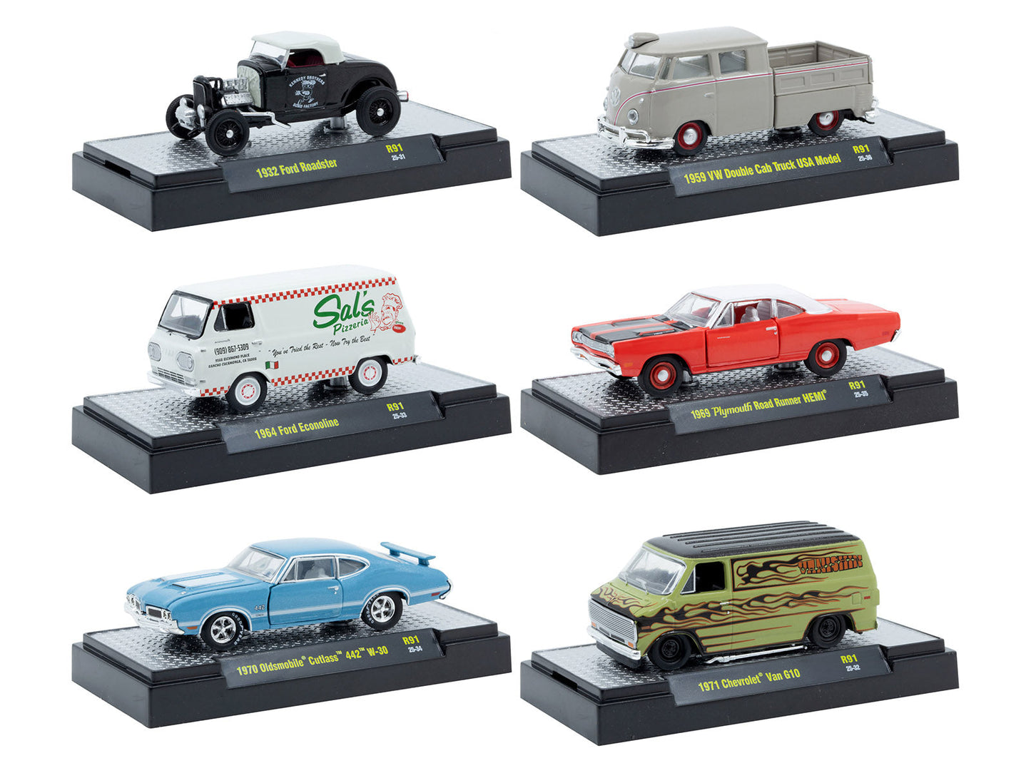 "Auto Meets" Set of 6 Cars IN DISPLAY CASES Release 91 Limited Edition 1/64 Diecast Model Cars