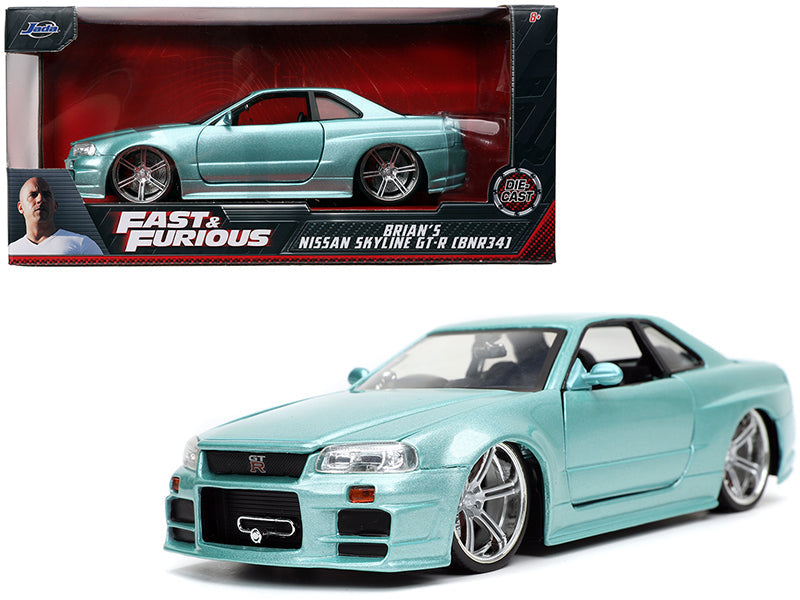 Brian's Nissan Skyline GT-R (BNR34) RHD (Right Hand Drive) Turquoise Metallic "Fast & Furious" Movie 1/24 Diecast Model Car