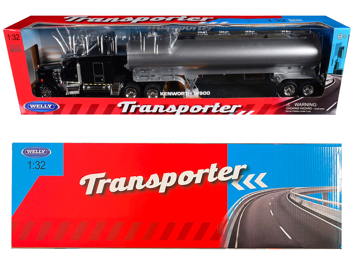 Kenworth W900 Truck Black with Silver Tanker Trailer "Transporter" Series 1/32 Diecast Model