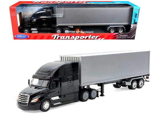 Freightliner Cascadia Truck Black with Silver Container "Transporter" Series 1/32 Diecast Model