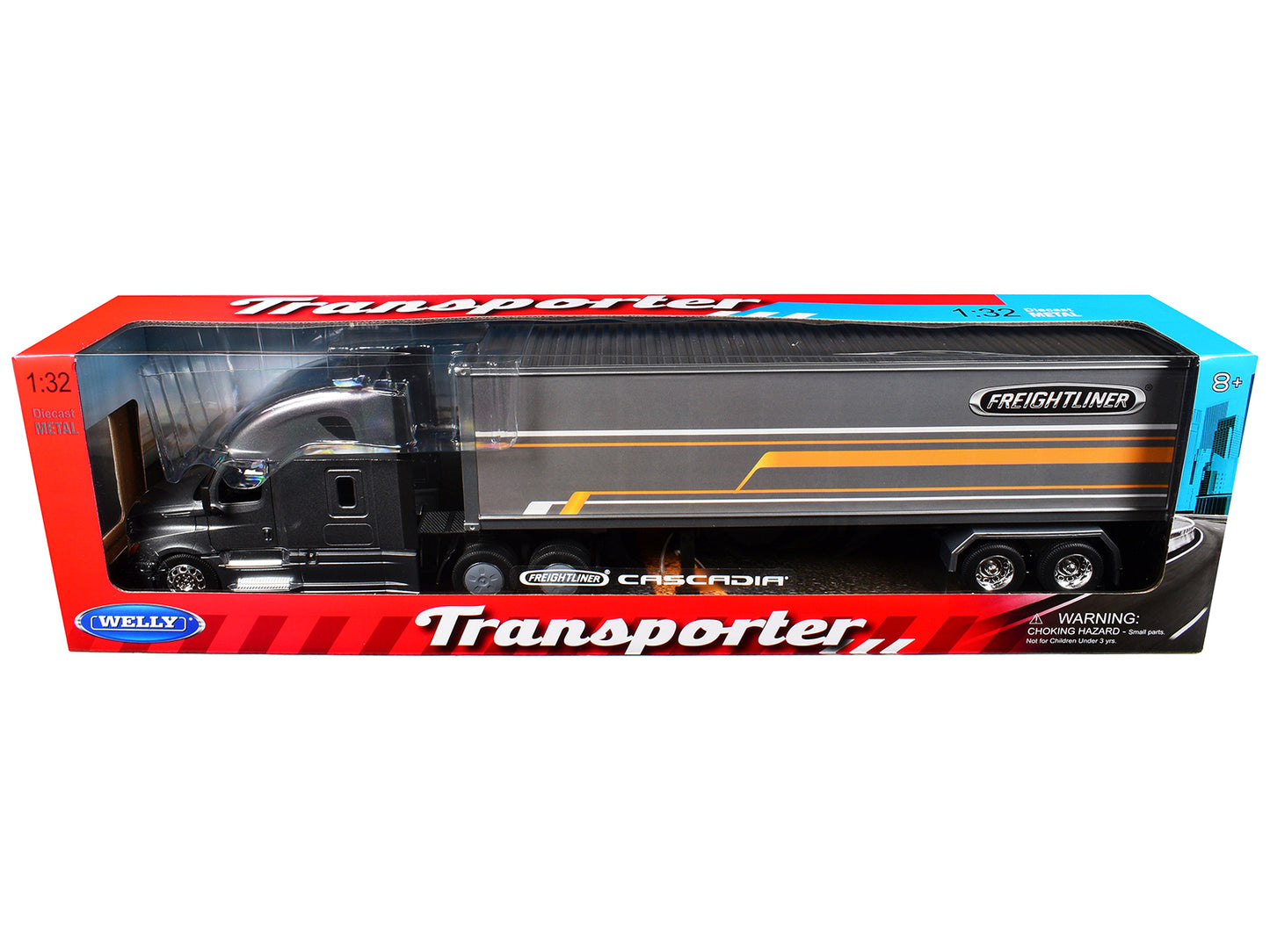 Freightliner Cascadia Truck Gray Metallic with Gray Container with Graphics "Transporter" Series 1/32 Diecast Model