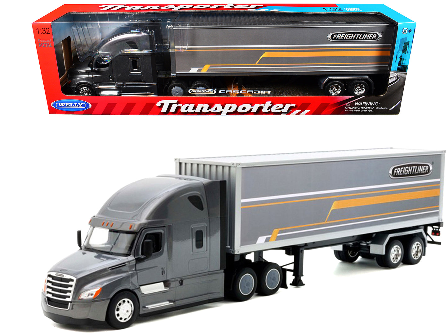 Freightliner Cascadia Truck Gray Metallic with Gray Container with Graphics "Transporter" Series 1/32 Diecast Model