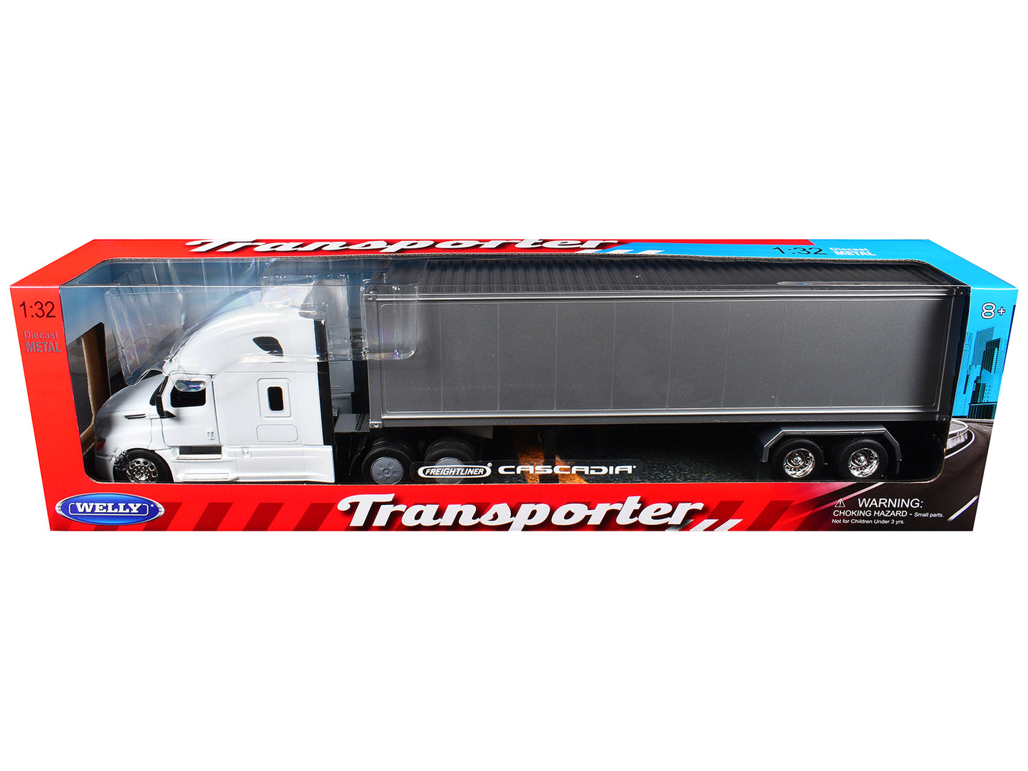 Freightliner Cascadia Truck White with Gray Container "Transporter" Series 1/32 Diecast Model