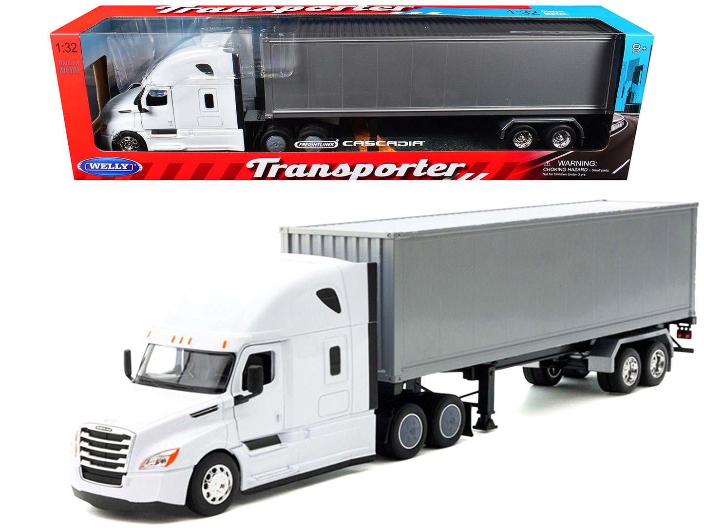 Freightliner Cascadia Truck White with Gray Container "Transporter" Series 1/32 Diecast Model