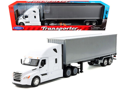 Freightliner Cascadia Truck White with Gray Container "Transporter" Series 1/32 Diecast Model