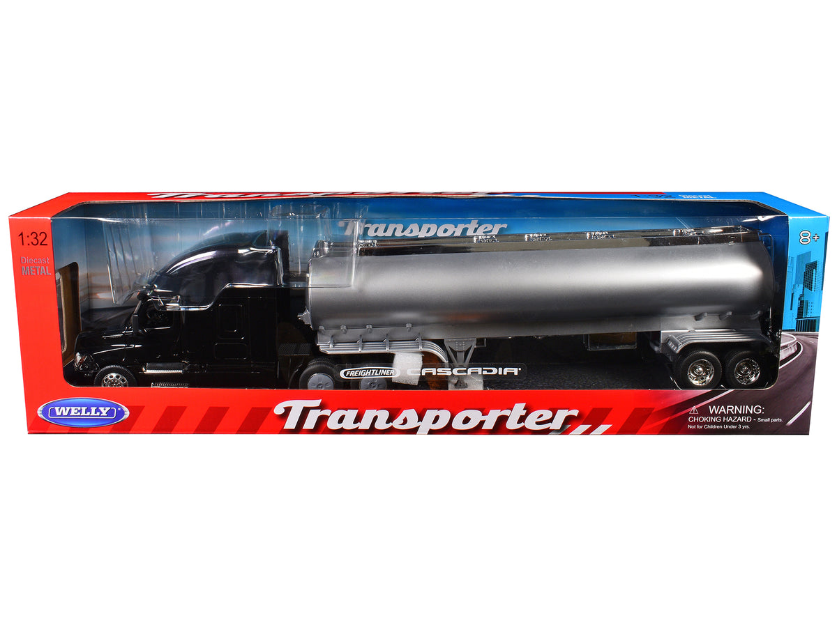 Freightliner Cascadia Truck Black with Silver Tanker Trailer "Transporter" Series 1/32 Diecast Model