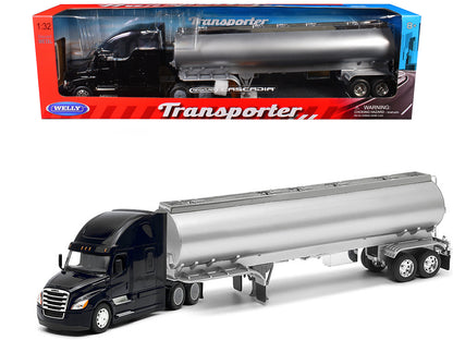 Freightliner Cascadia Truck Black with Silver Tanker Trailer "Transporter" Series 1/32 Diecast Model