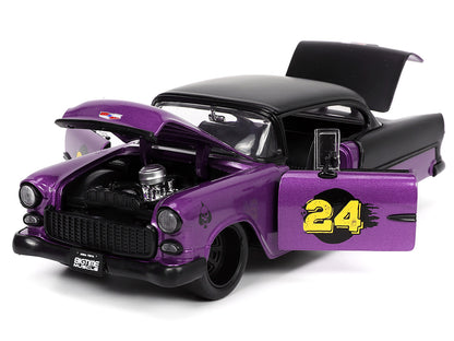 1955 Chevrolet Bel Air #24 Purple Metallic and Matt Black "Bigtime Muscle" Series 1/24 Diecast Model Car