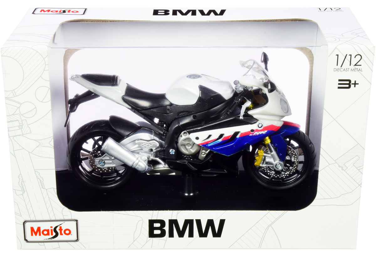 BMW S 1000 RR White with Blue and Red Stripes with Plastic Display Stand 1/12 Diecast Motorcycle Model