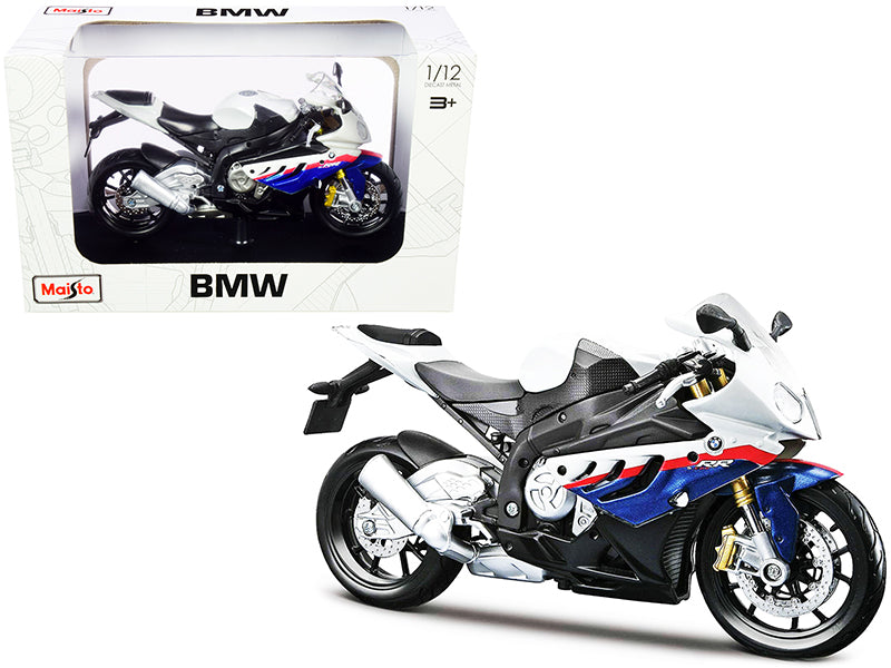 BMW S 1000 RR White with Blue and Red Stripes with Plastic Display Stand 1/12 Diecast Motorcycle Model