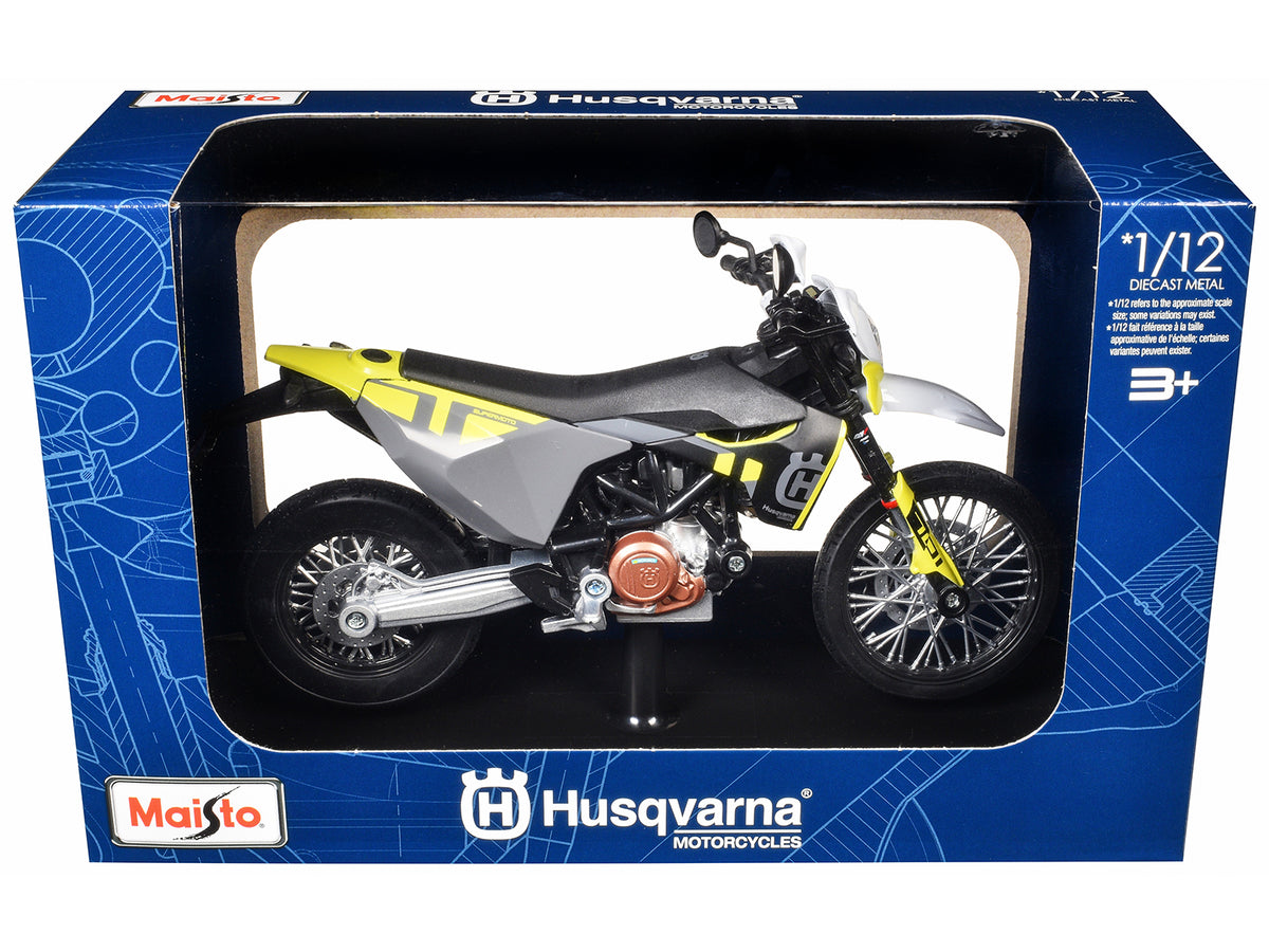 2023 Husqvarna 701 Supermoto Motorcycle Matt Black and Gray with Yellow and White Accents with Display Base 1/12 Diecast Model