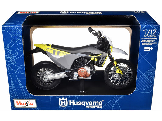 2023 Husqvarna 701 Supermoto Motorcycle Matt Black and Gray with Yellow and White Accents with Display Base 1/12 Diecast Model