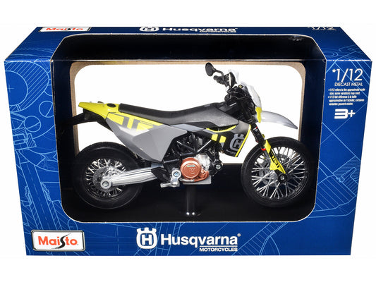 2023 Husqvarna 701 Supermoto Motorcycle Matt Black and Gray with Yellow and White Accents with Display Base 1/12 Diecast Model
