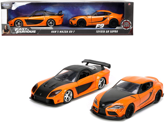 Han's Mazda RX-7 Orange Metallic and Matt Black and Toyota GR Supra Orange Metallic with Black Hood Set of 2 pieces "Fast & Furious" Series 1/32 Diecast Model Cars