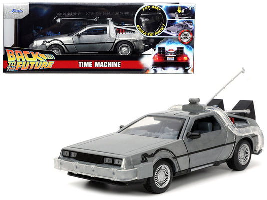 DeLorean Brushed Metal Time Machine with Lights "Back to the Future" (1985) Movie "Hollywood Rides" Series 1/24 Diecast Model Car