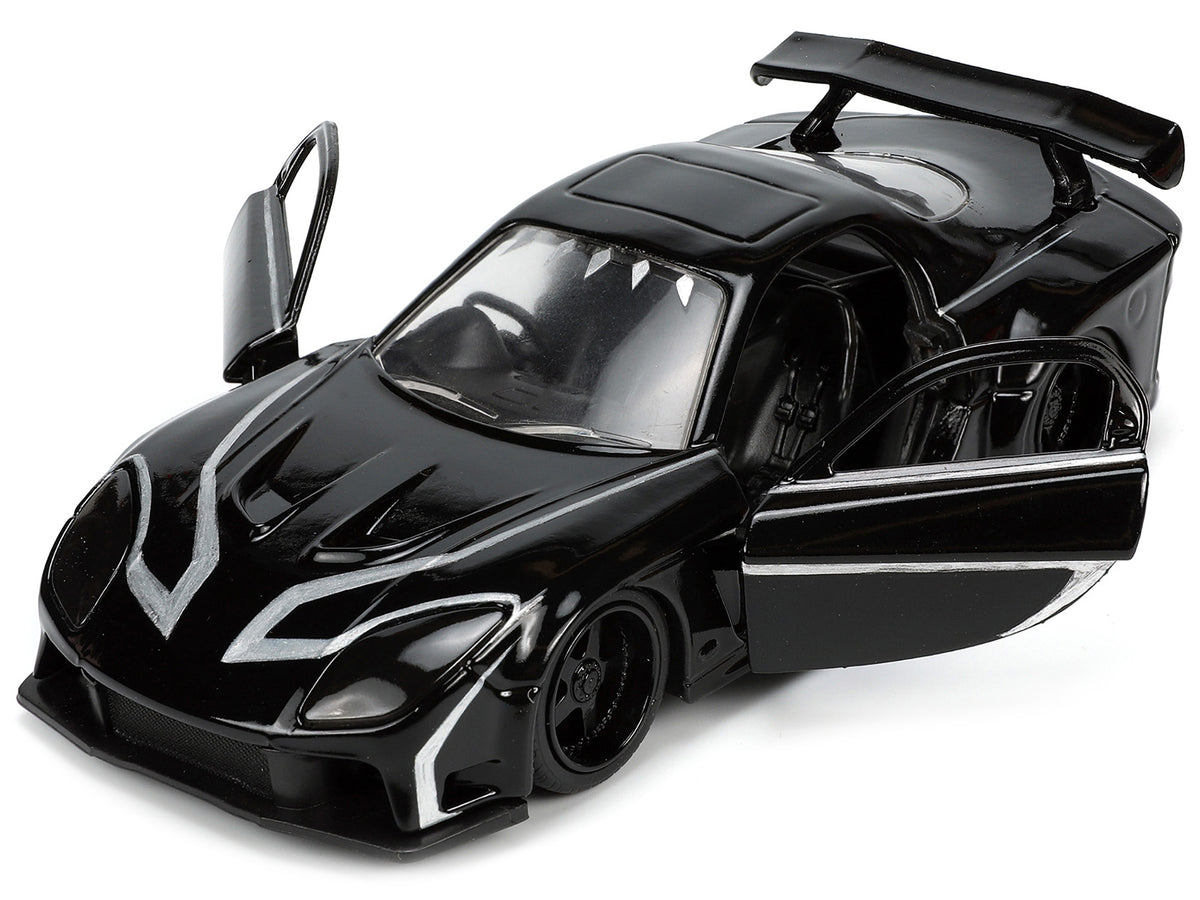 1995 Mazda RX-7 RHD (Right Hand Drive) Black and Black Panther Diecast Figure "The Avengers" "Hollywood Rides" Series 1/32 Diecast Model Car
