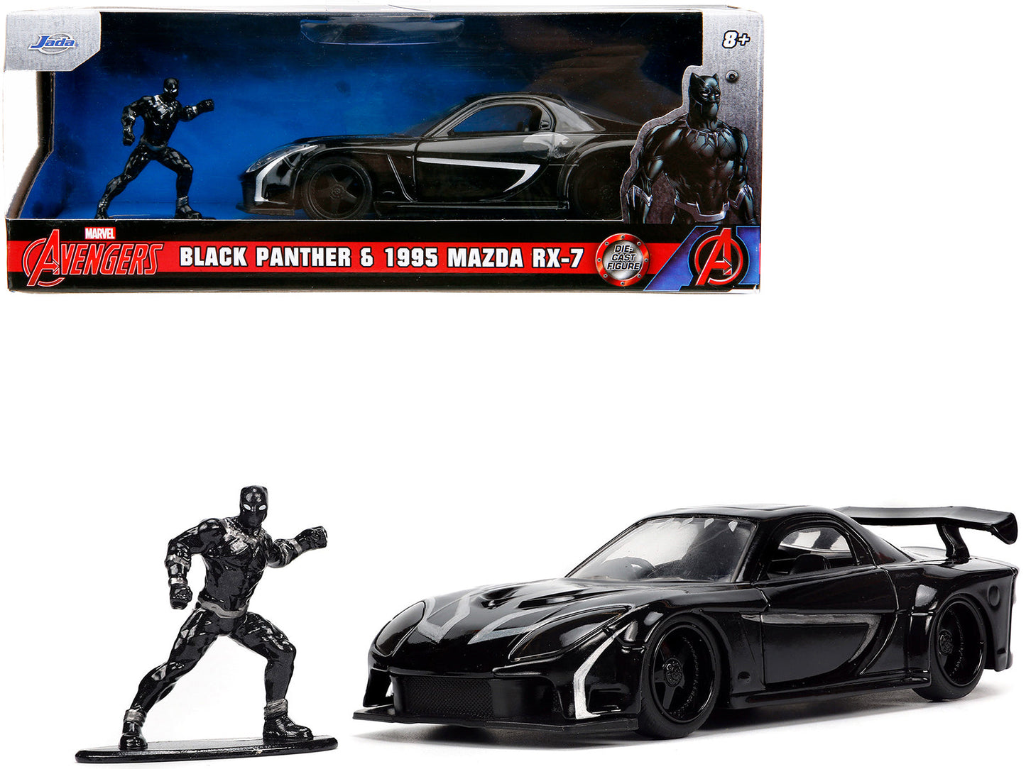 1995 Mazda RX-7 RHD (Right Hand Drive) Black and Black Panther Diecast Figure "The Avengers" "Hollywood Rides" Series 1/32 Diecast Model Car