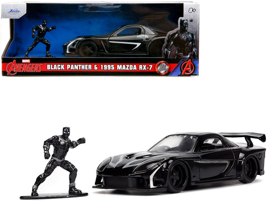 1995 Mazda RX-7 RHD (Right Hand Drive) Black and Black Panther Diecast Figure "The Avengers" "Hollywood Rides" Series 1/32 Diecast Model Car