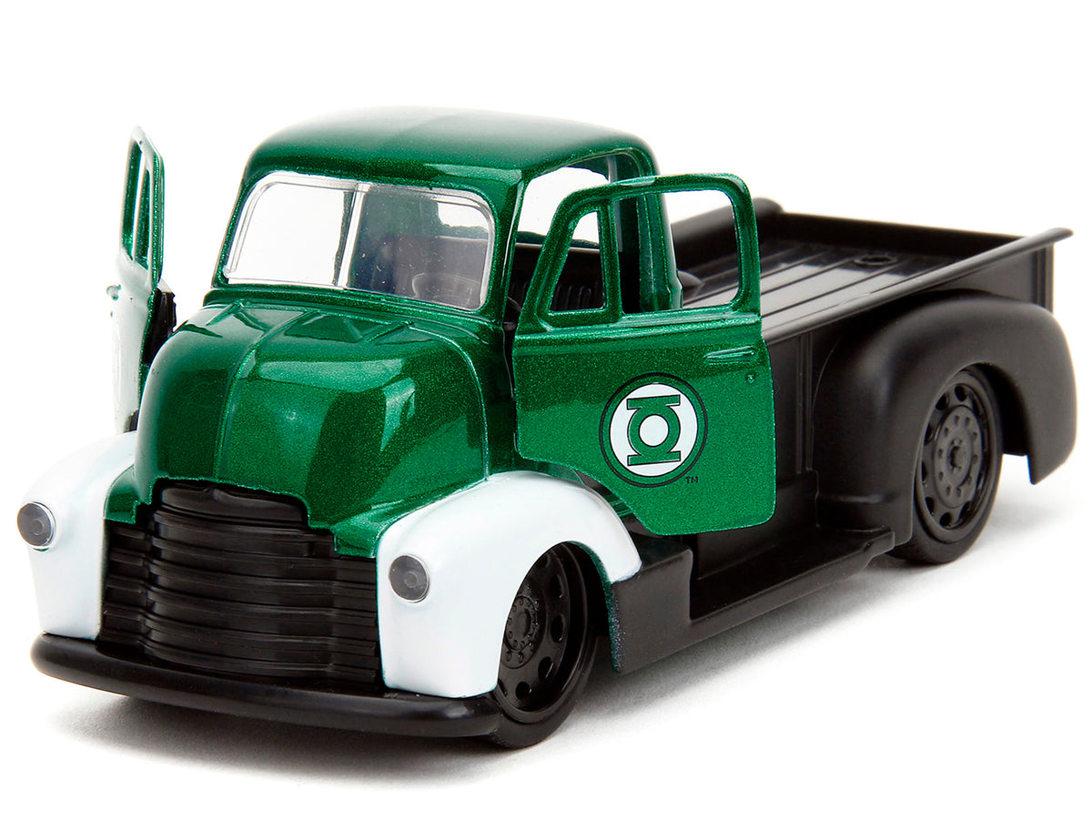 1952 Chevrolet COE Pickup Truck Green Metallic and Black and Green Lantern Diecast Figure "DC Comics" "Hollywood Rides" Series 1/32 Diecast Model Car