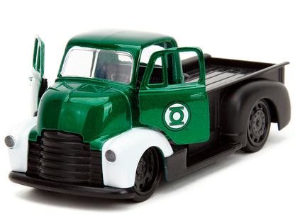 1952 Chevrolet COE Pickup Truck Green Metallic and Black and Green Lantern Diecast Figure "DC Comics" "Hollywood Rides" Series 1/32 Diecast Model Car