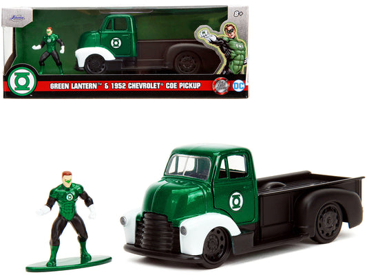 1952 Chevrolet COE Pickup Truck Green Metallic and Black and Green Lantern Diecast Figure "DC Comics" "Hollywood Rides" Series 1/32 Diecast Model Car