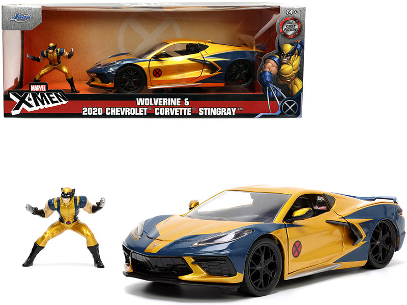2020 Chevrolet Corvette C8 Stingray Gold Metallic and Dark Blue and Wolverine Diecast Figurine "X-Men" "Marvel" Series "Hollywood Rides" 1/24 Diecast Model Car