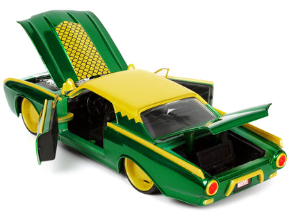 1963 Ford Thunderbird Green and Yellow Metallic with Hood Graphics and Loki Diecast Figure "Loki" "Marvel" Series 1/24 Diecast Model Car
