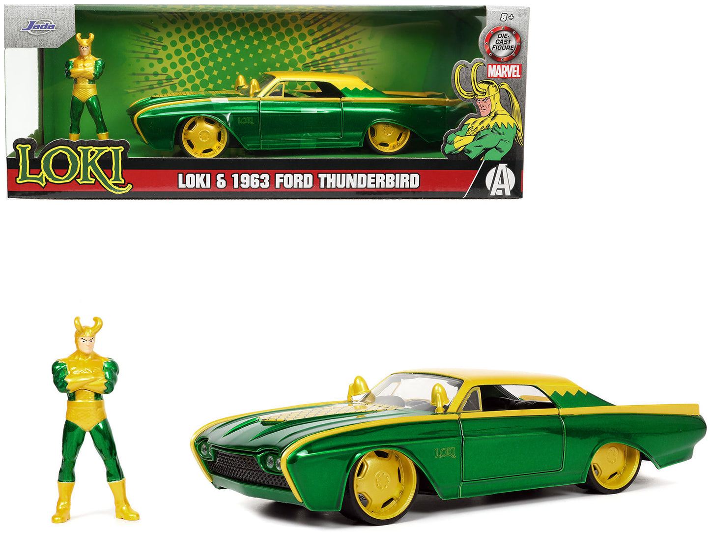 1963 Ford Thunderbird Green and Yellow Metallic with Hood Graphics and Loki Diecast Figure "Loki" "Marvel" Series 1/24 Diecast Model Car