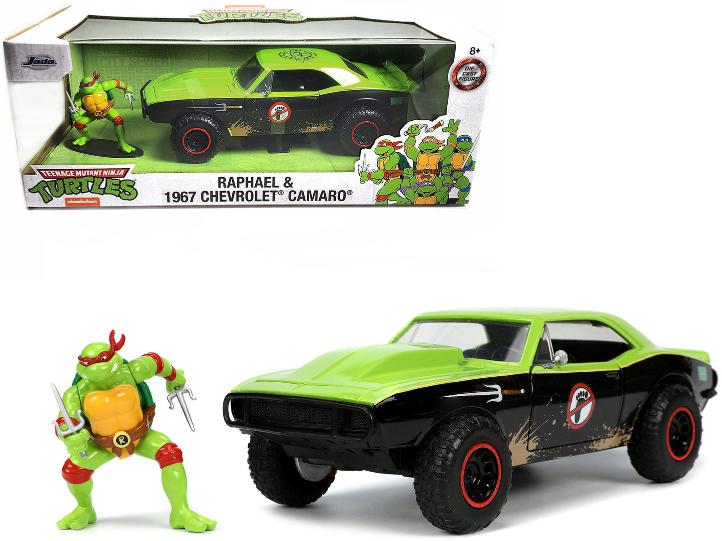 1967 Chevrolet Camaro Offroad Bright Green and Matt Black (Dirty Version) and Raphael Diecast Figure "Teenage Mutant Ninja Turtles" "Hollywood Rides" Series 1/24 Diecast Model Car
