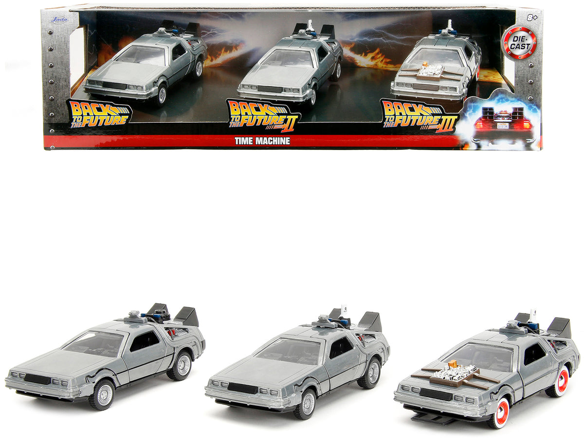 "Back to the Future" Delorean Set of 3 pieces "Hollywood Rides" Series 1/32 Diecast Model Car