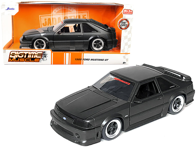 1989 Ford Mustang GT 5.0 Matt Black Metallic with Matt Black Hood "Bigtime Muscle" Series 1/24 Series Diecast Model Car