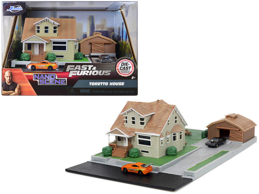 Toretto House Diorama with Dodge Charger Black and Toyota Supra Orange with Graphics "Fast and Furious" "Nano Scene" Series Models
