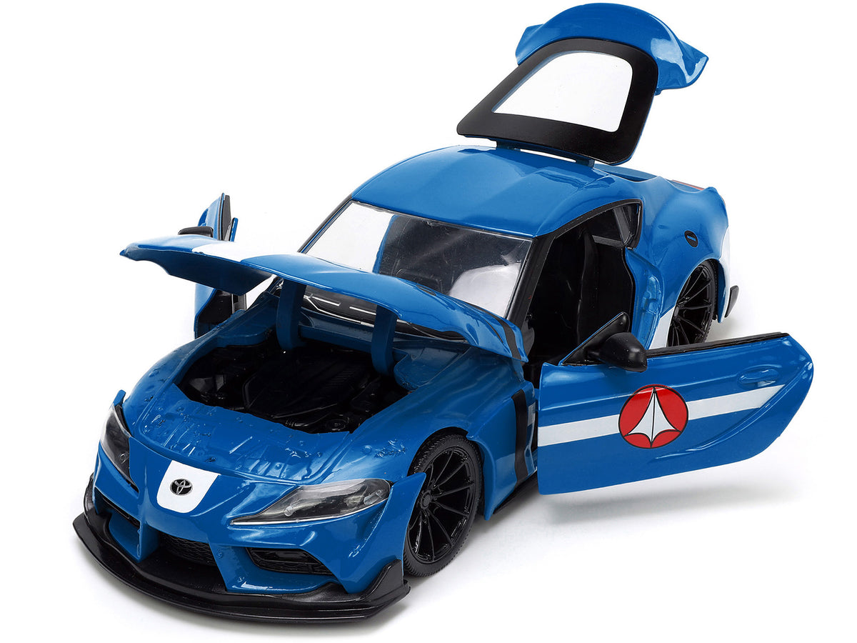2020 Toyota Supra Blue with Graphics and Max Sterling Diecast Figurine "Robotech" "Hollywood Rides" Series 1/24 Diecast Model Car