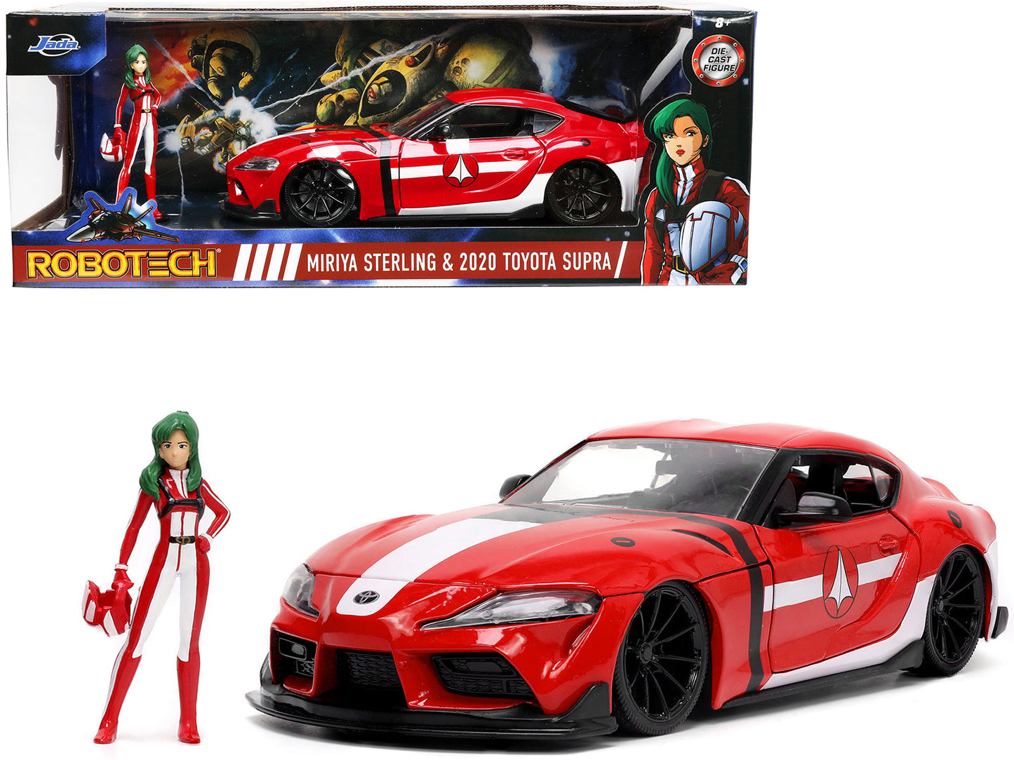 2020 Toyota Supra Red with Graphics and Miriya Sterling Diecast Figurine "Robotech" "Hollywood Rides" Series 1/24 Diecast Model Car