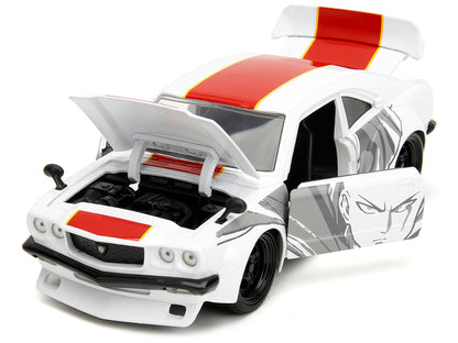 1974 Mazda RX-3 White with Red Stripe and Graphics and Saitama Diecast Figure "One Punch Man" (2015-2019) TV Series 1/24 Diecast Model Car