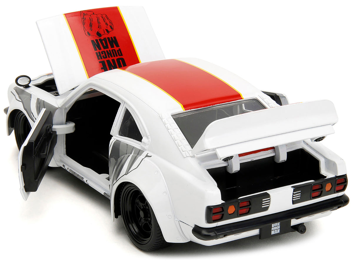 1974 Mazda RX-3 White with Red Stripe and Graphics and Saitama Diecast Figure "One Punch Man" (2015-2019) TV Series 1/24 Diecast Model Car