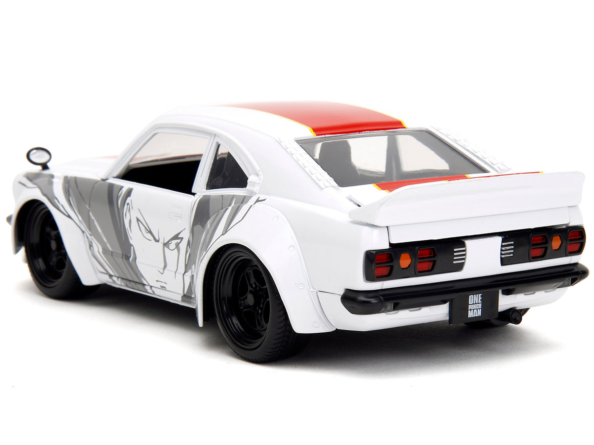 1974 Mazda RX-3 White with Red Stripe and Graphics and Saitama Diecast Figure "One Punch Man" (2015-2019) TV Series 1/24 Diecast Model Car