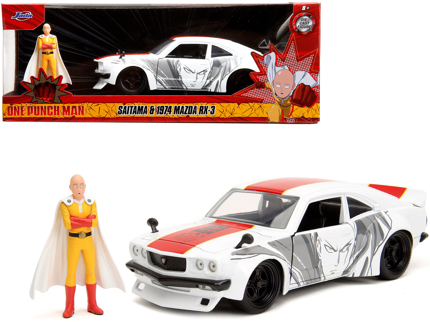 1974 Mazda RX-3 White with Red Stripe and Graphics and Saitama Diecast Figure "One Punch Man" (2015-2019) TV Series 1/24 Diecast Model Car