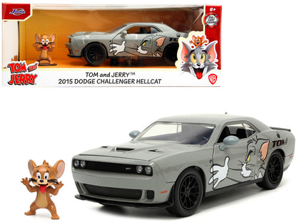 2015 Dodge Challenger Hellcat Gray with "Tom" Graphics and Jerry Diecast Figure "Tom and Jerry" "Hollywood Rides" Series 1/24 Diecast Model Car