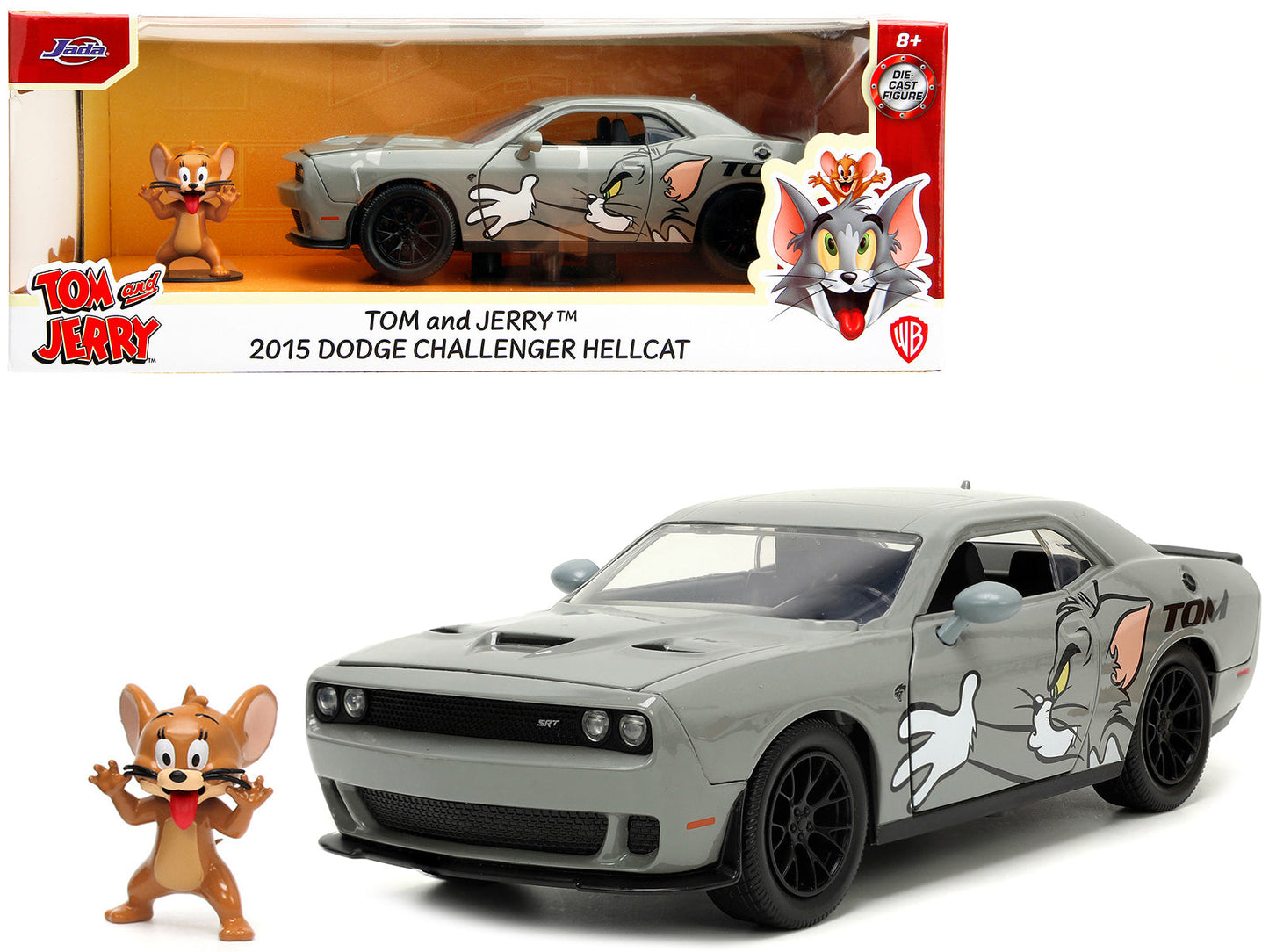 2015 Dodge Challenger Hellcat Gray with "Tom" Graphics and Jerry Diecast Figure "Tom and Jerry" "Hollywood Rides" Series 1/24 Diecast Model Car
