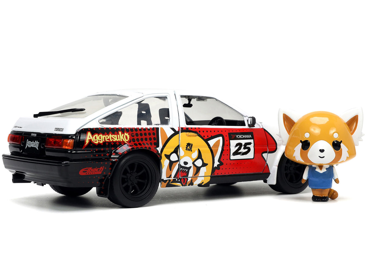 1986 Toyota Trueno (AE86) RHD (Right Hand Drive) #25 White with Graphics and Aggretsuko Diecast Figure "Aggretsuko" "Anime Hollywood Rides" Series 1/24 Diecast Model Car