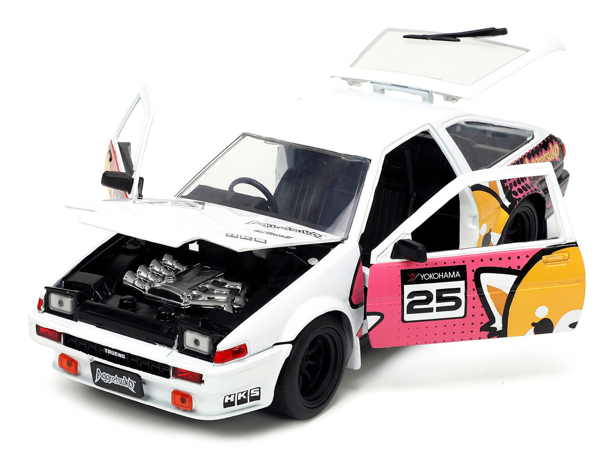 1986 Toyota Trueno (AE86) RHD (Right Hand Drive) #25 White with Graphics and Aggretsuko Diecast Figure "Aggretsuko" "Anime Hollywood Rides" Series 1/24 Diecast Model Car