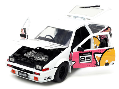 1986 Toyota Trueno (AE86) RHD (Right Hand Drive) #25 White with Graphics and Aggretsuko Diecast Figure "Aggretsuko" "Anime Hollywood Rides" Series 1/24 Diecast Model Car