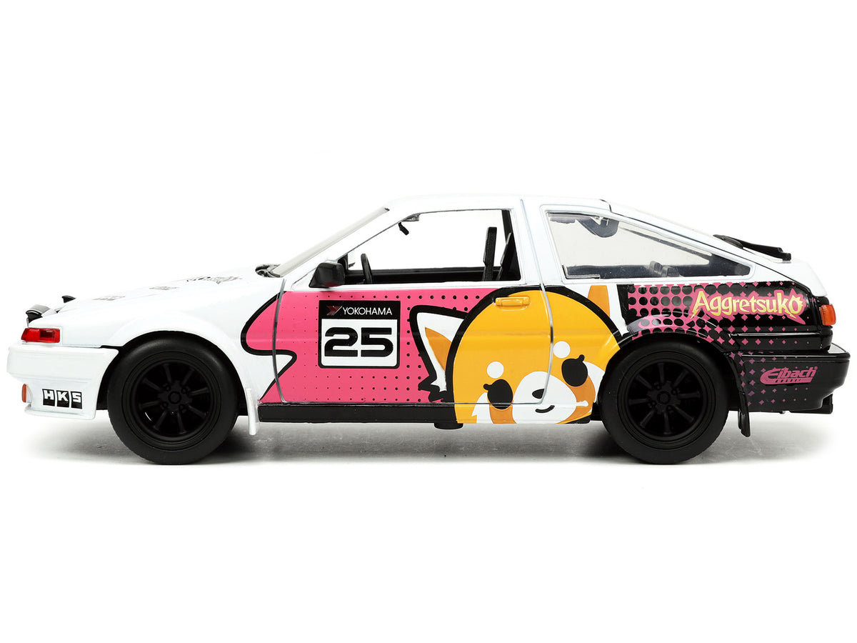 1986 Toyota Trueno (AE86) RHD (Right Hand Drive) #25 White with Graphics and Aggretsuko Diecast Figure "Aggretsuko" "Anime Hollywood Rides" Series 1/24 Diecast Model Car