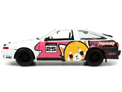 1986 Toyota Trueno (AE86) RHD (Right Hand Drive) #25 White with Graphics and Aggretsuko Diecast Figure "Aggretsuko" "Anime Hollywood Rides" Series 1/24 Diecast Model Car