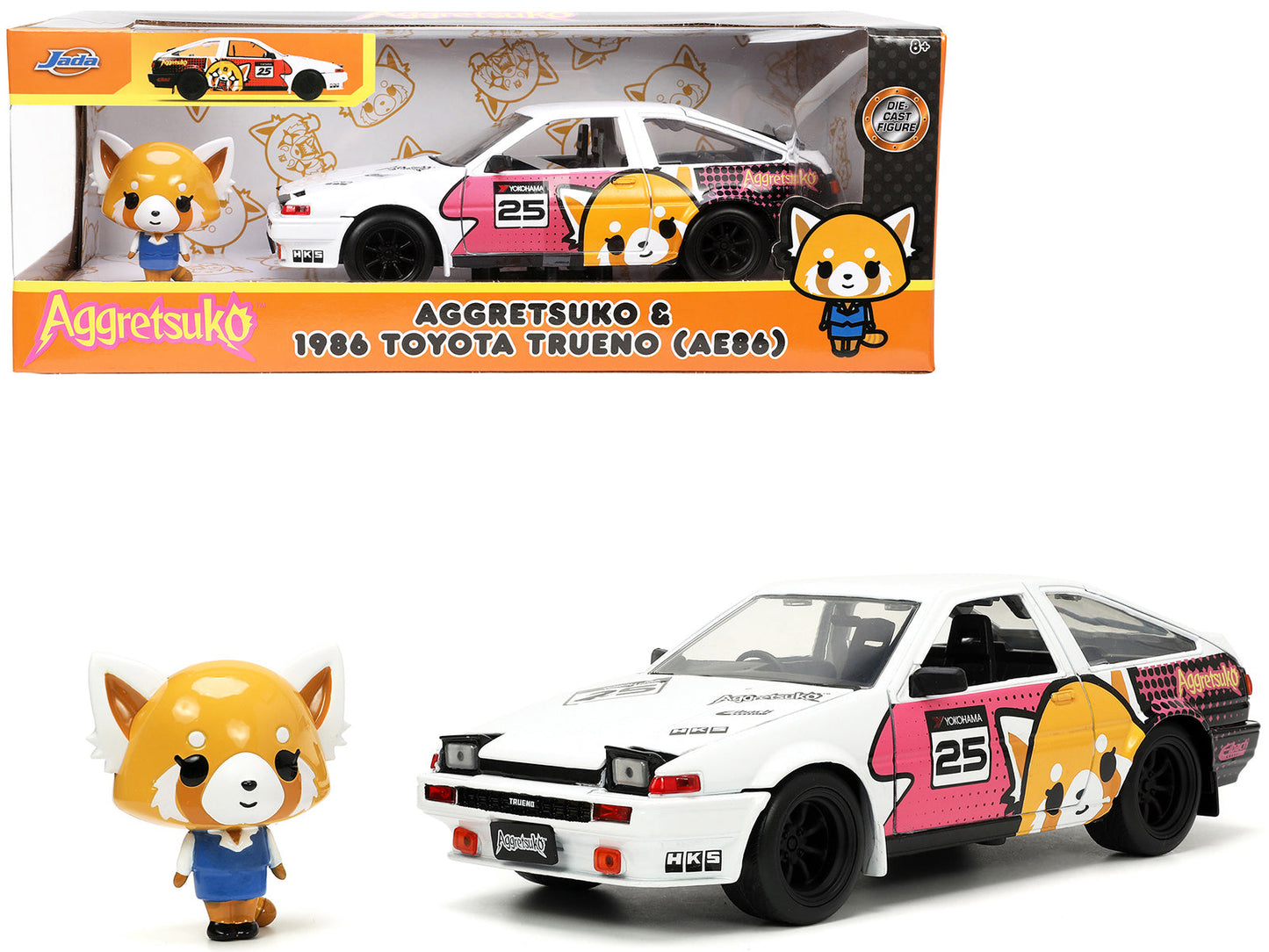 1986 Toyota Trueno (AE86) RHD (Right Hand Drive) #25 White with Graphics and Aggretsuko Diecast Figure "Aggretsuko" "Anime Hollywood Rides" Series 1/24 Diecast Model Car