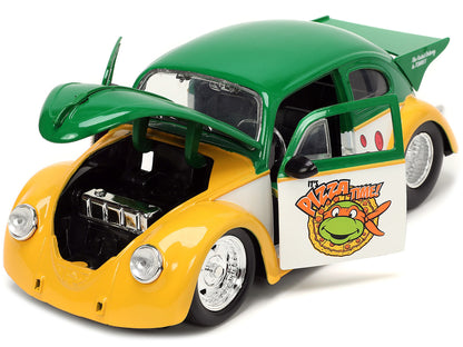 1959 Volkswagen Drag Beetle Green and Yellow and Michelangelo Diecast Figure "Teenage Mutant Ninja Turtles" "Hollywood Rides" Series 1/24 Diecast Model Car