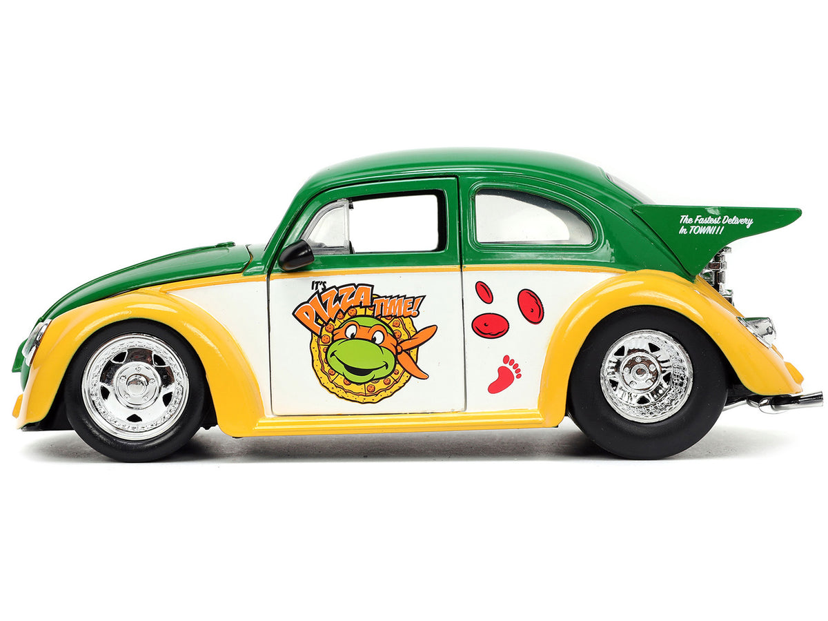 1959 Volkswagen Drag Beetle Green and Yellow and Michelangelo Diecast Figure "Teenage Mutant Ninja Turtles" "Hollywood Rides" Series 1/24 Diecast Model Car